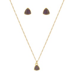 Conjunto Fane's Pedras Naturais Drusa Ametista Metal Dourado PP