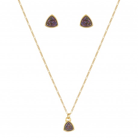 Conjunto Fane's Pedras Naturais Drusa Ametista Metal Dourado PP