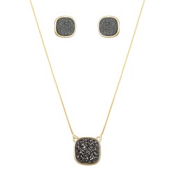 Conjunto Fane's Pedras Naturais Drusa Negra Metal Dourado M