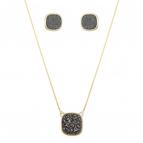 Conjunto Fane's Pedras Naturais Drusa Negra Metal Dourado M