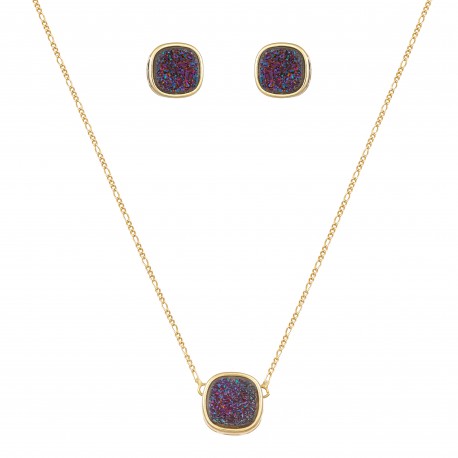 Conjunto Fane's Pedras Naturais Drusa Ametista Metal Dourado M
