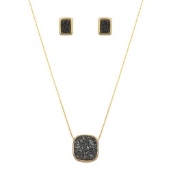Conjunto Fane's Pedras Naturais Drusa Negra Metal Dourado M