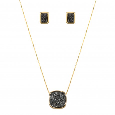 Conjunto Fane's Pedras Naturais Drusa Negra Metal Dourado M