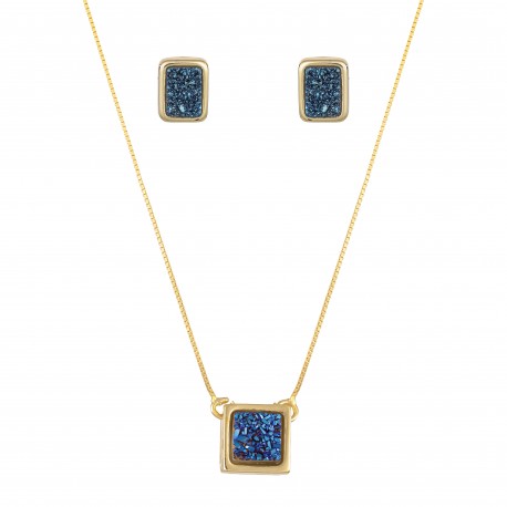 Conjunto Fane's Pedras Naturais Drusa Azul Royal Metal Dourado P