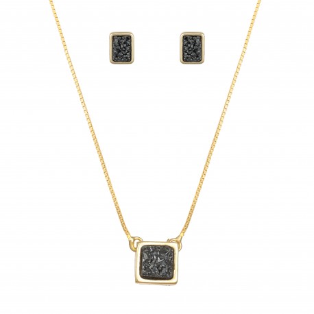Conjunto Fane's Pedras Naturais Drusa Titânio Metal Dourado P