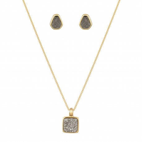 Conjunto Fane's Pedras Naturais Drusa Platina Metal Dourado P