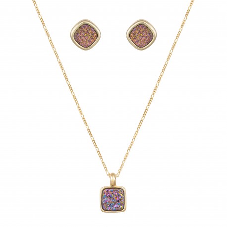 Conjunto Fane's Pedras Naturais Drusa Ametista Metal Dourado P