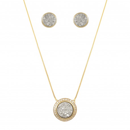 Conjunto Fane's Pedras Naturais Drusa Platina Zircônias Dourado M