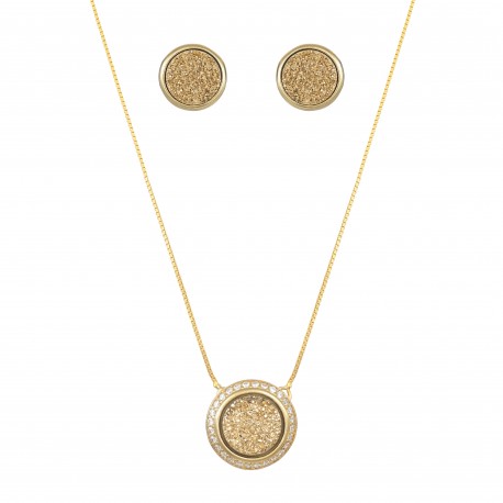 Conjunto Fane's Pedras Naturais Drusa Ouro Zircônias Dourado M
