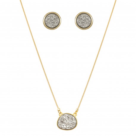 Conjunto Fane's Pedras Naturais Drusa Platina Metal Dourado M