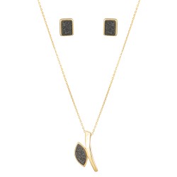 Conjunto Fane's Pedras Naturais Drusa Negra Metal Dourado M