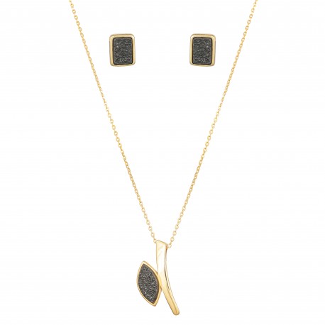 Conjunto Fane's Pedras Naturais Drusa Negra Metal Dourado M