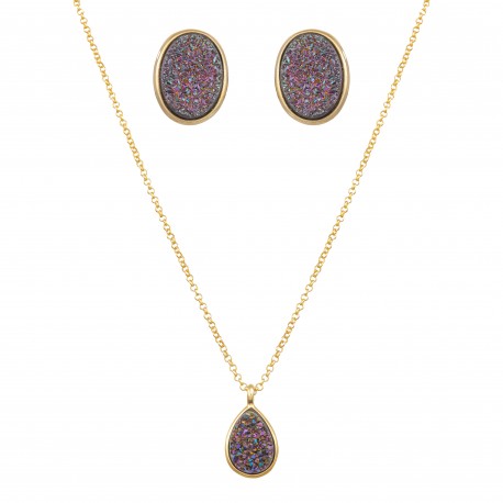 Conjunto Fane's Pedras Naturais Drusa Ametista Metal Dourado M