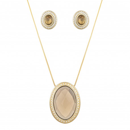 Conjunto Fane's Pedras Naturais Fumê Zircônia Dourado