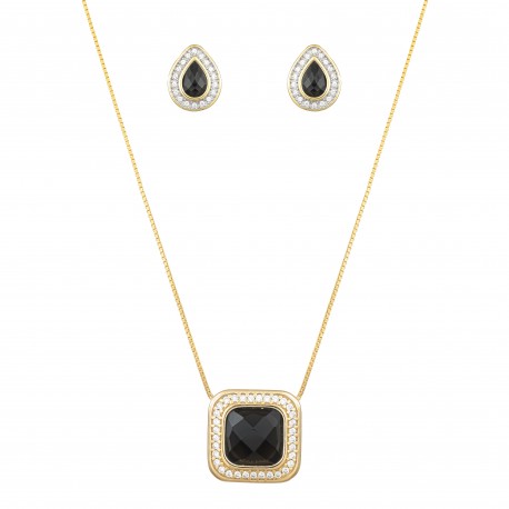 Conjunto Fane's Pedras Naturais Onix Zircônia Dourado