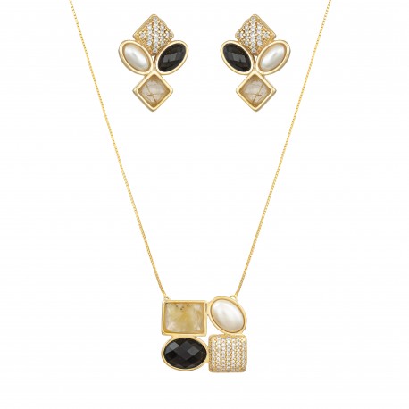 Conjunto Fane's Pedras Naturais Pérolas Zircônia Dourado