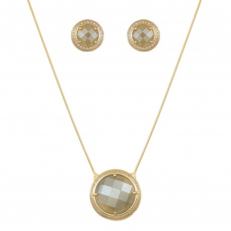 Conjunto Fane's Pedras Naturais Cristais Fumê Zirconia Dourado
