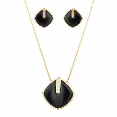 Conjunto Fane's Pedras Naturais Cristais Fumê Zirconia Dourado