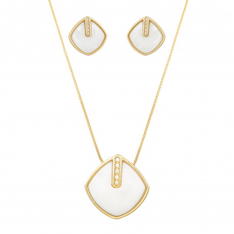 Conjunto Fane's Pedras Naturais Madrepérola Zircônia Dourado