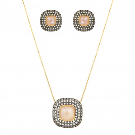 Conjunto Fane's Pedras Naturais Cristais Zircônia Dourado