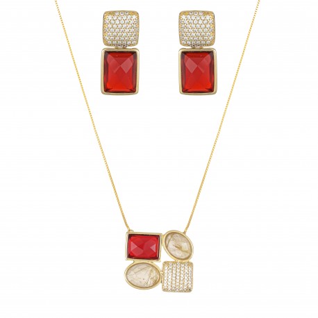 Conjunto Fane's Pedras Naturais Quartzo Cristal Zircônia Dourado