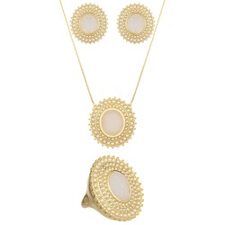 Conjunto Fane's Pedras Naturais Drusa Mini Pérolas Metal Dourado