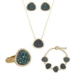 Conjunto Fane's Pedras Naturais Drusa Zircônia Metal Dourado