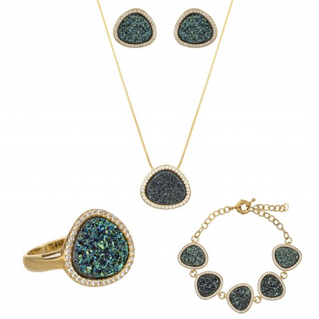 Conjunto Fane's Pedras Naturais Drusa Zircônia Metal Dourado