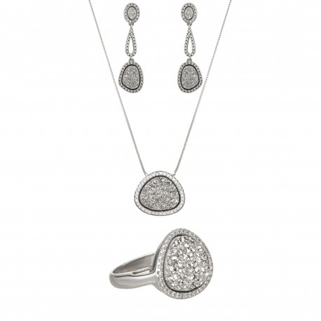 Conjunto Fane's Pedras Naturais Drusa Zircônia Metal Dourado