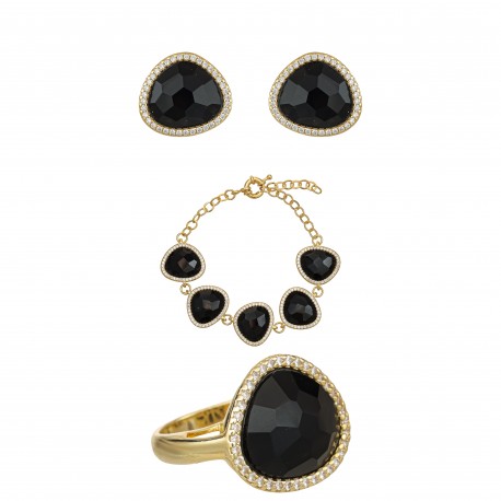 Conjunto Fane's Pedras Naturais Cristal Zircônia Metal Dourado