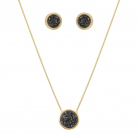 Conjunto Fane's Pedras Naturais Drusa Negra Metal Dourado P