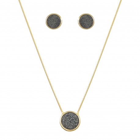 Conjunto Fane's Pedras Naturais Drusa Negra Metal Dourado M