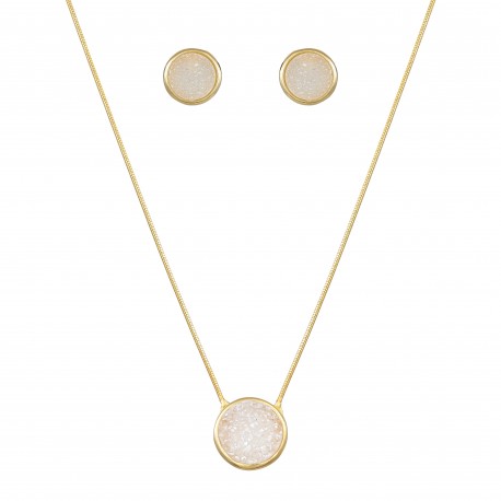 Conjunto Fane's Pedras Naturais Drusa Branca Metal Dourado M