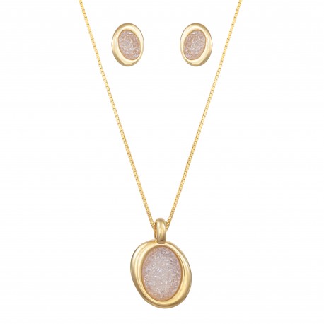 Conjunto Fane's Pedras Naturais Drusa Branca Metal Dourado M