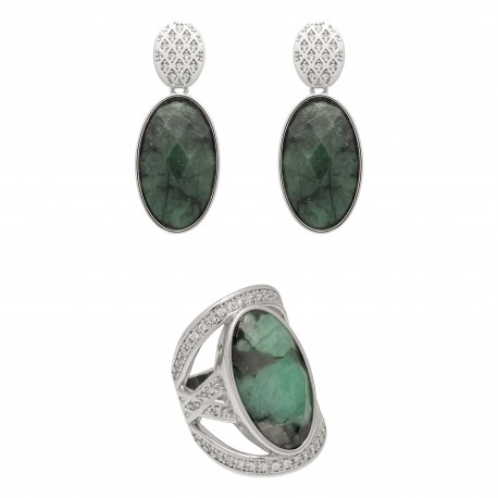 Conjunto Fane's Pedras Naturais Jaspe Zircônias Metal Prata