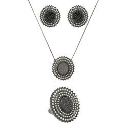 Conjunto Fane's Pedras Naturais Drusa Pérolas Metal Preto