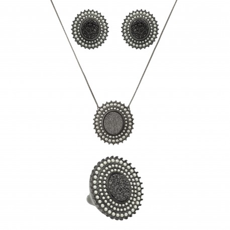 Conjunto Fane's Pedras Naturais Drusa Pérolas Metal Preto