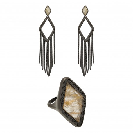 Conjunto Fane's Pedras Naturais Quartzo Franjas Metal Preto