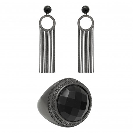 Conjunto Fane's Pedras Naturais Zircônias Franjas Metal Preto