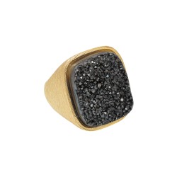 Anel Fane's Pedras Naturais Drusa Negra Metal Ouro