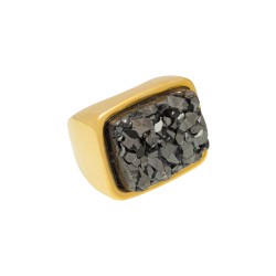 Anel Fane's Pedras Naturais Drusa Negra Metal Ouro