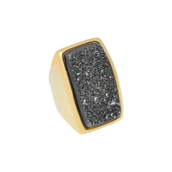 Anel Fane's Pedras Naturais Drusa Negra Metal Dourado
