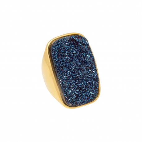 Anel Fane's Pedras Naturais Drusa Azul Royal Metal Dourado
