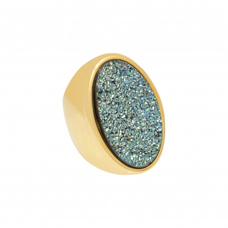 Anel Fane's Pedras Naturais Drusa Cianita Verde Metal Dourado