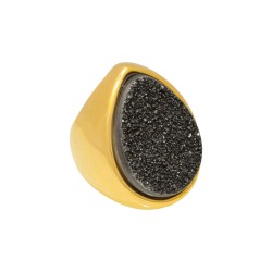 Anel Fane's Pedras Naturais Drusa Negra Metal Dourado