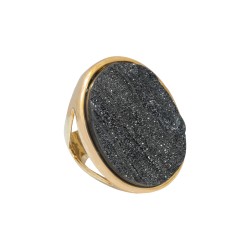Anel Fane's Pedras Naturais Drusa Negra Metal Dourado