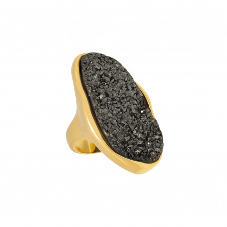 Anel Fane's Pedras Naturais Drusa Negra Metal Dourado