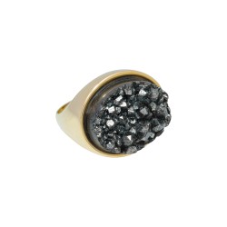 Anel Fane's Pedras Naturais Drusa Negra Metal Dourado