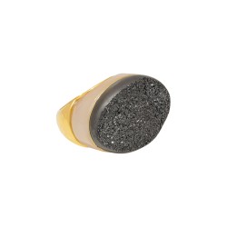 Anel Fane's Pedras Naturais Drusa Negra Quartzo Metal Dourado