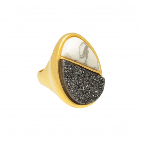 Anel Fane's Pedras Naturais Drusa Negra Howlita Metal Dourado